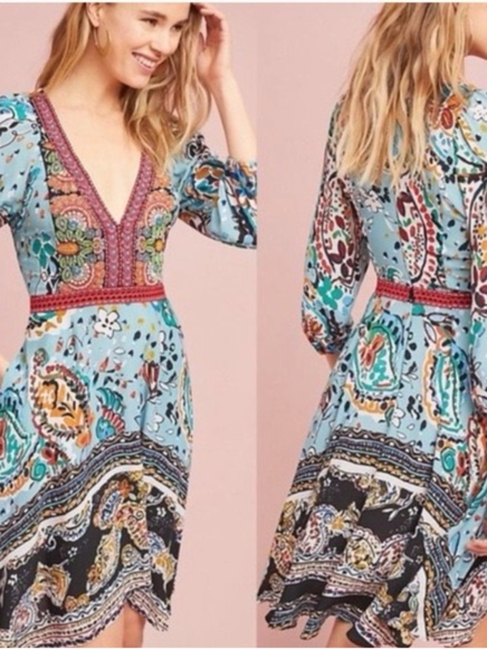 Anthropologie Akemi + Kin Karmina Blue Beaded Floral Paisley Midi Dress Size 4 - Picture 15 of 15